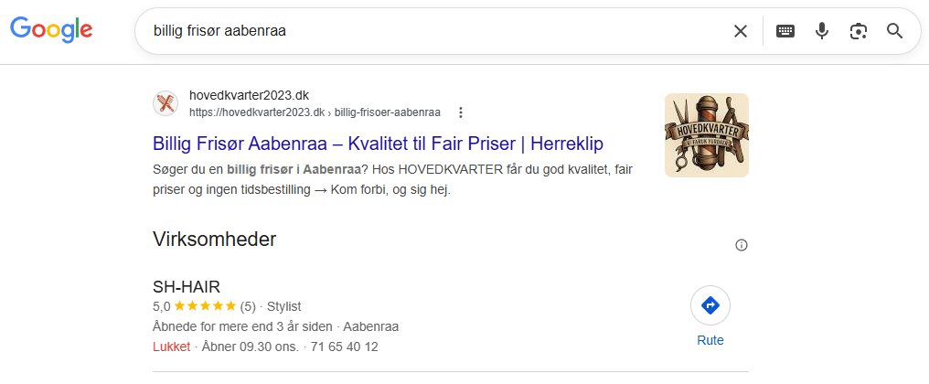 SEO resultater for Frisør Hovedkvarter i Aabenraa – #1 placering på Google